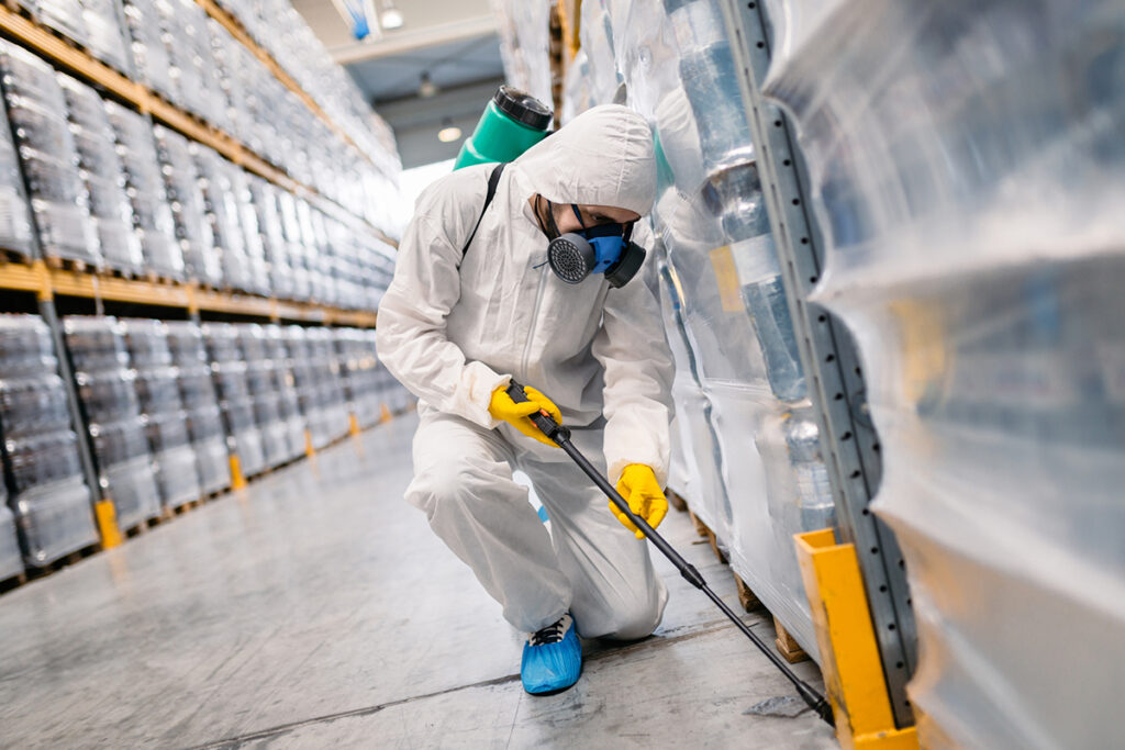 a professional pest control expert is providing commercial pest control service in a warehouse